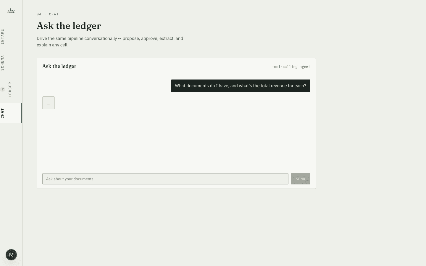 doc-unify chat screen: querying the pipeline conversationally through a tool-calling agent